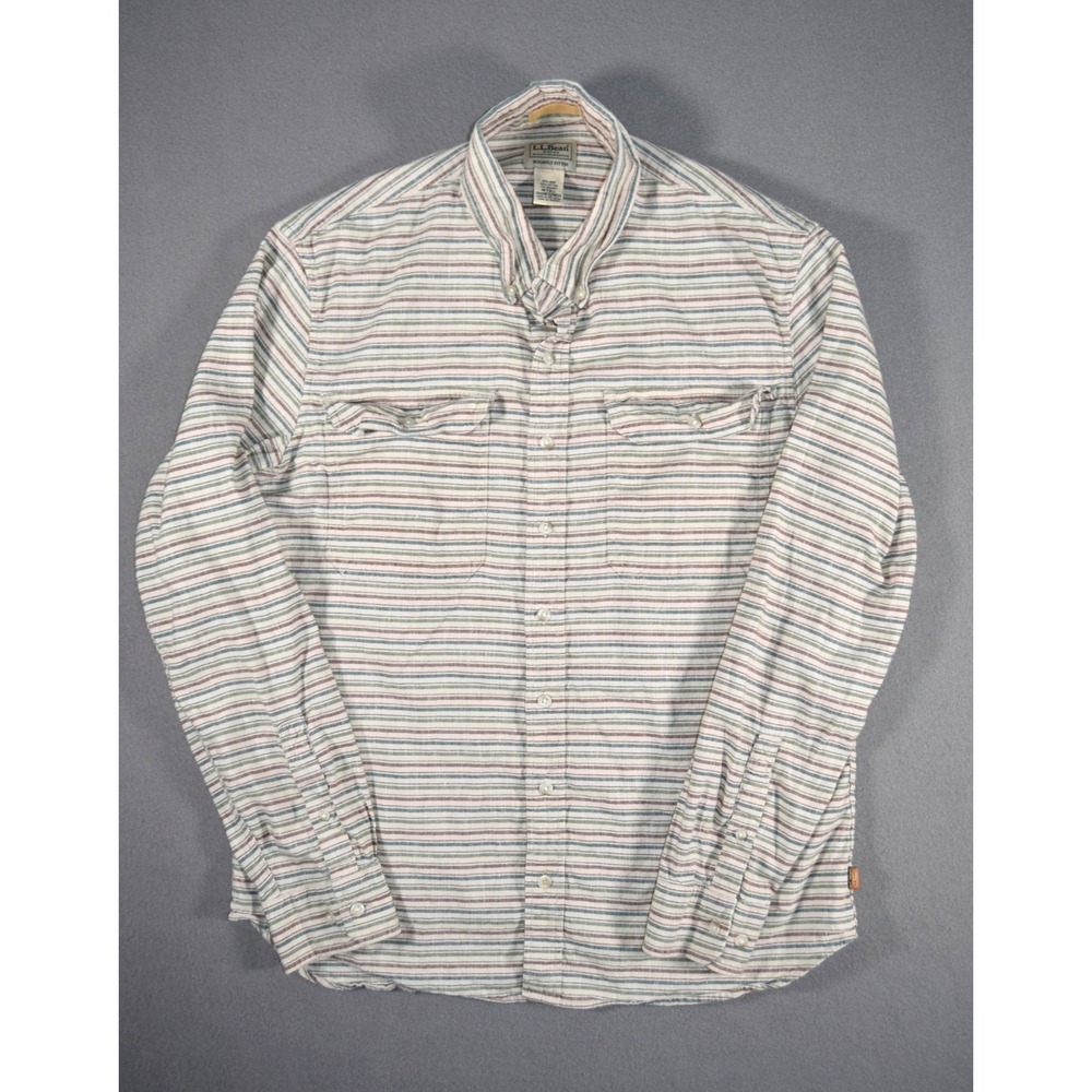 LL Bean Shirt Mens Medium Tall Hemp Blend Beige Striped Long Sleeve Button Down
